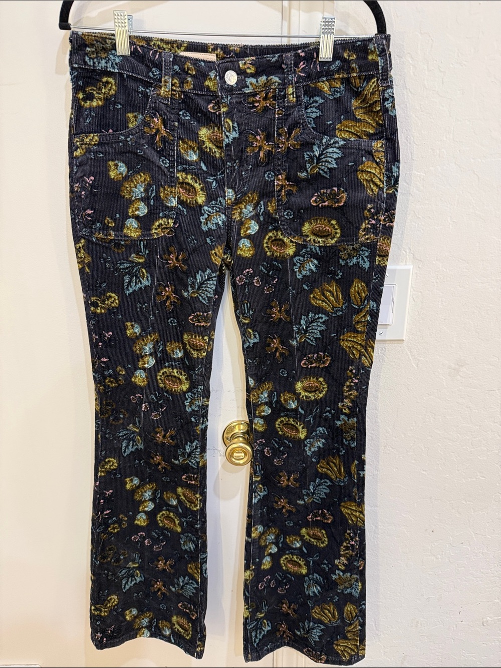 Pilcro Black Floral Wide-Leg Corduroy Jeans with Gold and Blue Print